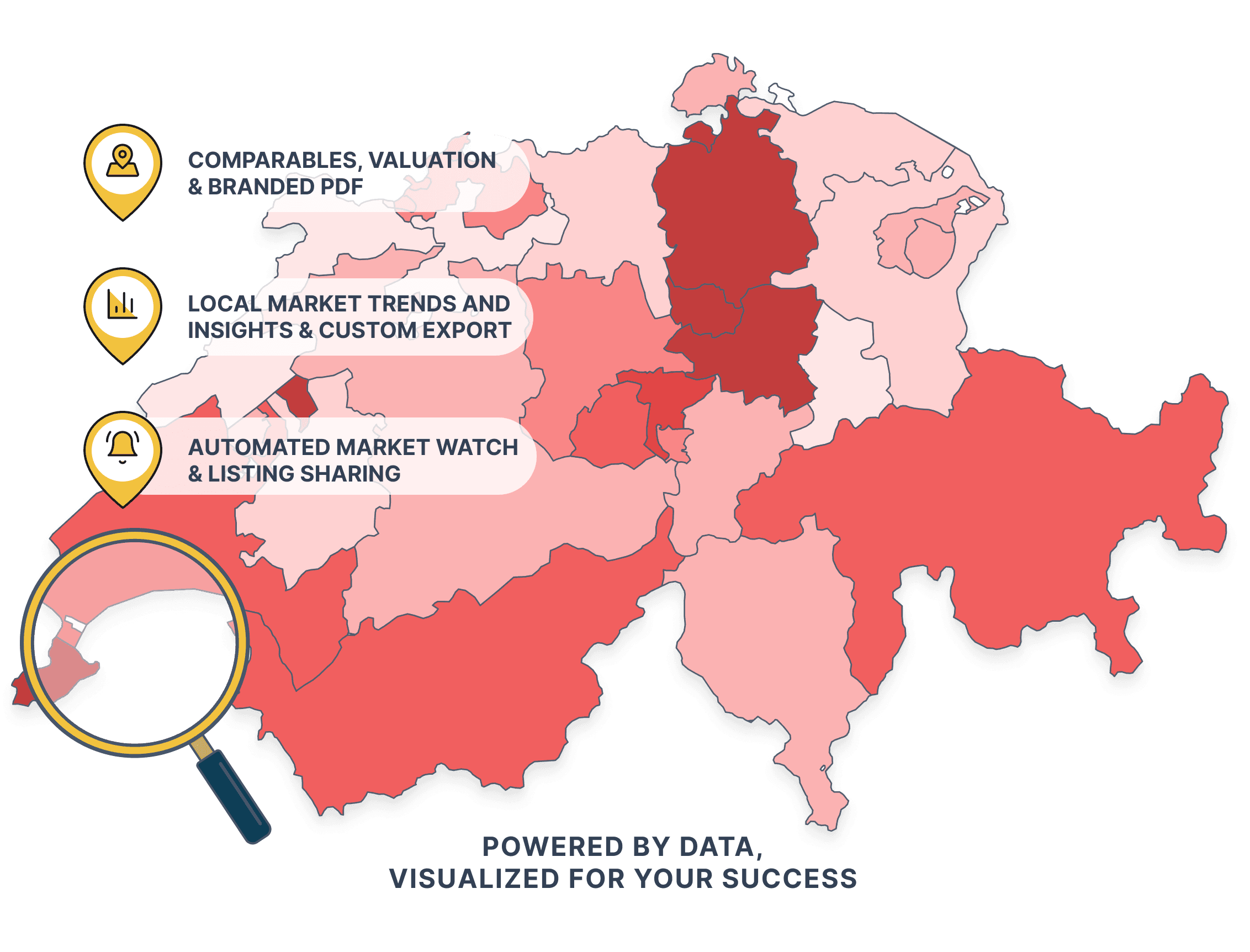 Swiss real estate market data — visualized: price per m² over time, days on market, valuation and opportunity tracking on a map of Switzerland